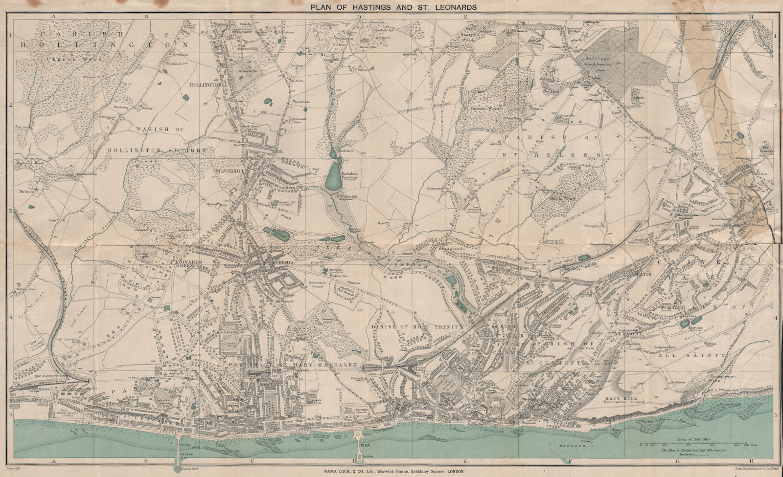 HASTINGS AND ST. LEONARDS vintage town/city plan. Sussex. WARD LOCK 1919 map
